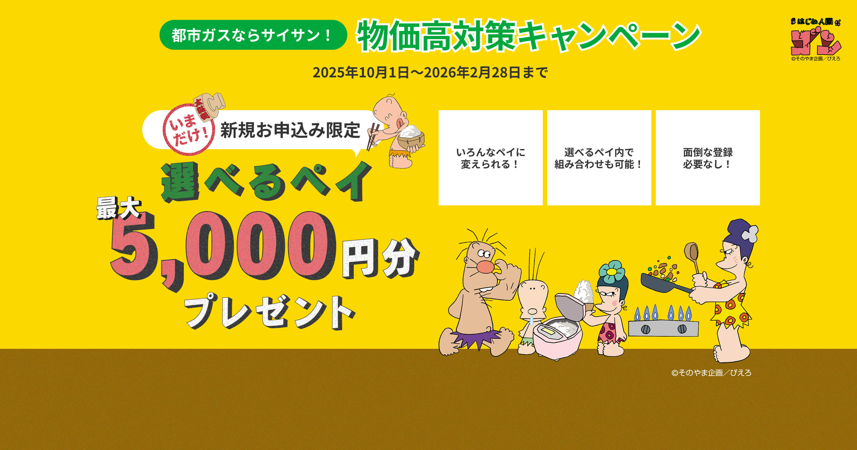 都市ガスならサイサン！物価高対策キャンペーン 2025年10月1日～2026年2月28日まで いまだけ！ 新規お申込み限定 選べるペイ 最大 5,000円分 プレゼント いろんなペイに変えられる！ 選べるペイ内で組み合わせも可能！ 面倒な登録必要なし！